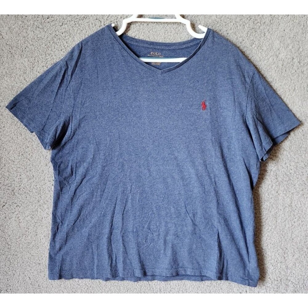 Polo Ralph Lauren Blue Gray Heather V-Neck‎ Red Pony Logo T Shirt Size Large
